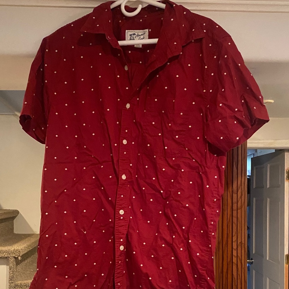 American Eagle Outfitters Red Polka Dot Casual Button Down Shirt
